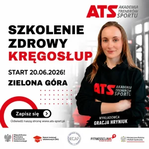 Plakat szkolenia Zdrowy Kręgosłup ATS Sport w Zielonej Górze z wykładowczynią Gracją Hryniuk.
