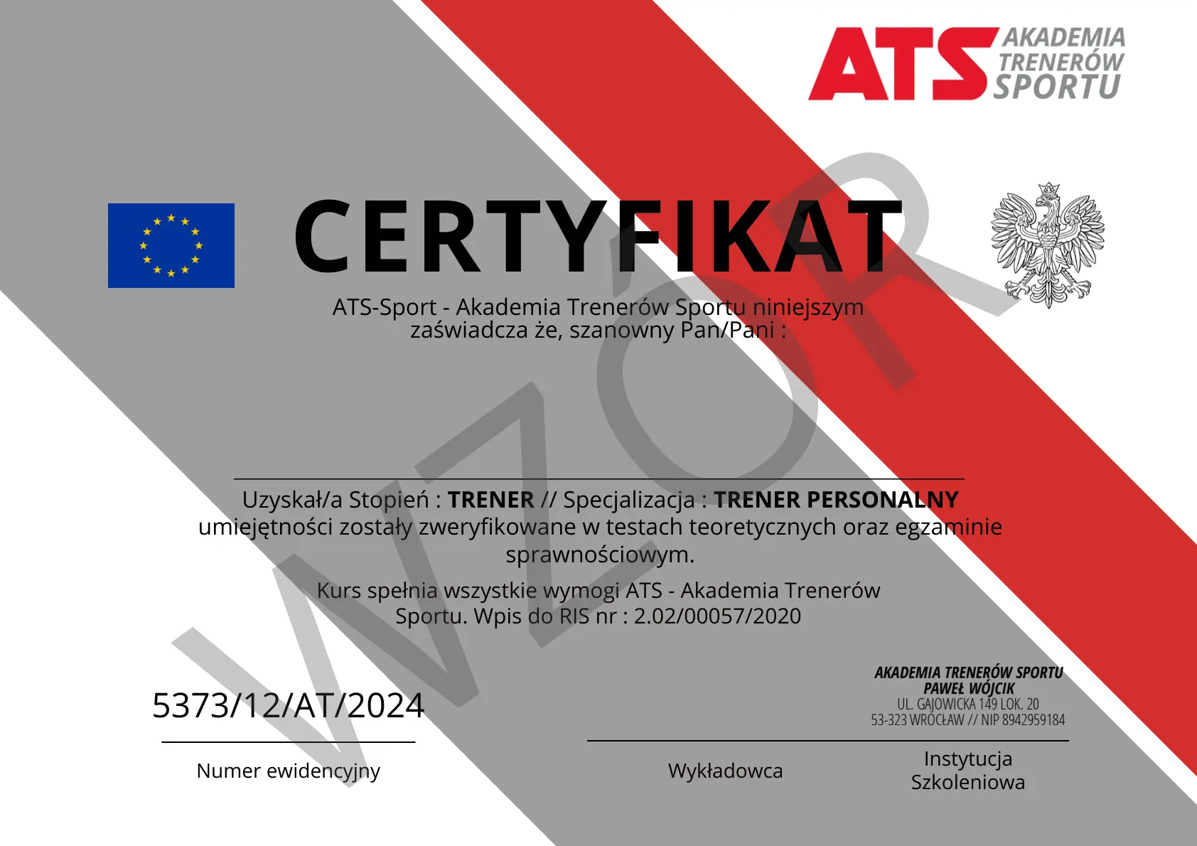 Certyfikat Indywidualny kurs trenera personalnego + instruktora siłowni PL ATS-SPORT