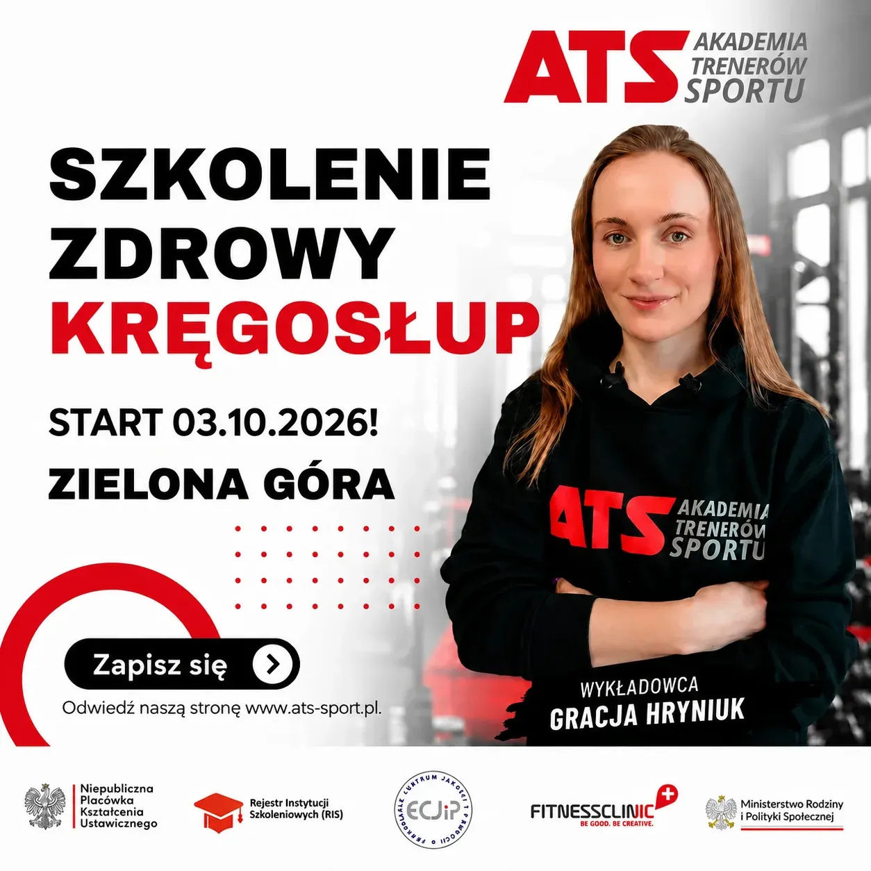 Plakat szkolenia Zdrowy Kręgosłup ATS Sport w Zielonej Górze z wykładowczynią Gracją Hryniuk.